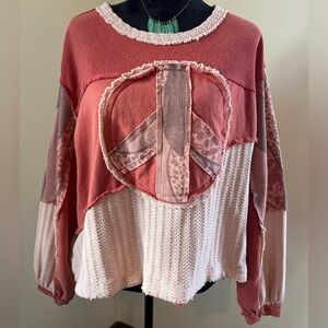 POL brand cut and sew peace emblem long sleeve french terry top